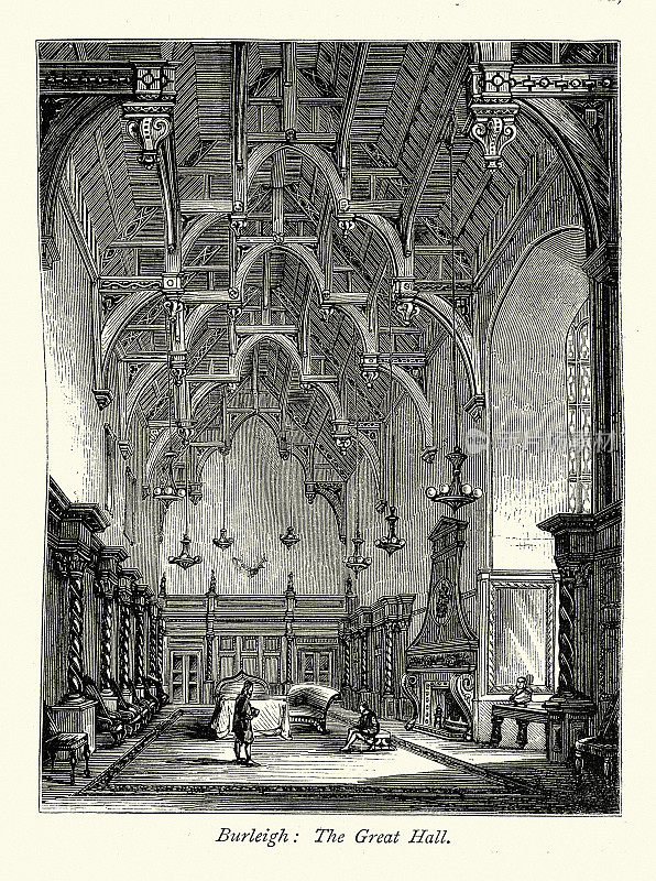 大厅，拱形天花板，伊丽莎白时代的建筑，16世纪的英国乡村别墅，Burghley house, 19世纪70年代的维多利亚艺术